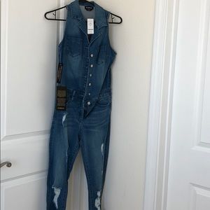 Bebe jean sleevless overalls